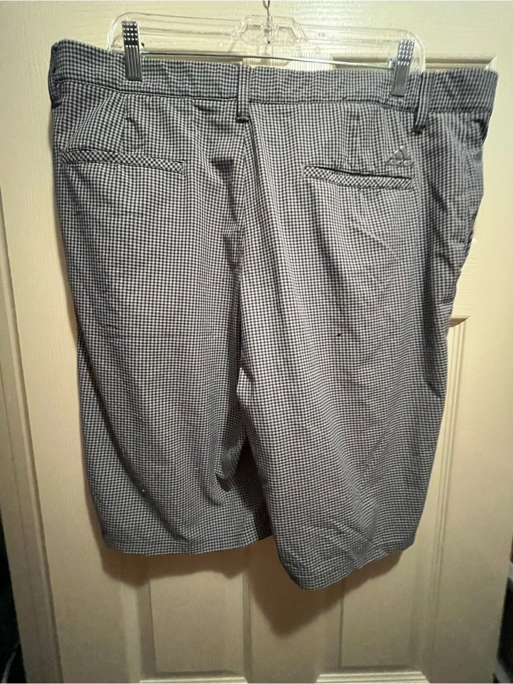 adidas Men's Gray/Black Check Chino Shorts Logo Button Flat Front Pockets
